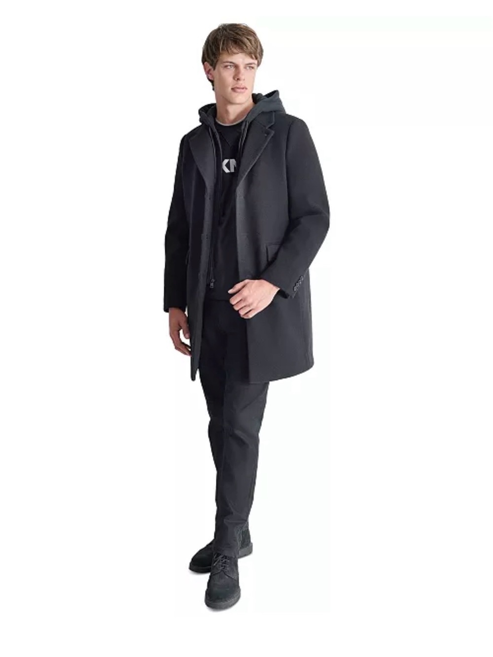 DKNY Black Hooded Wool-Blend Pea Coat with Removable Hood Notch-Lapel Coat